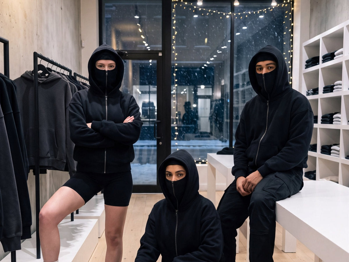 Three people in a clothing store wearing the Cover Hoodie zipped up to the eyes