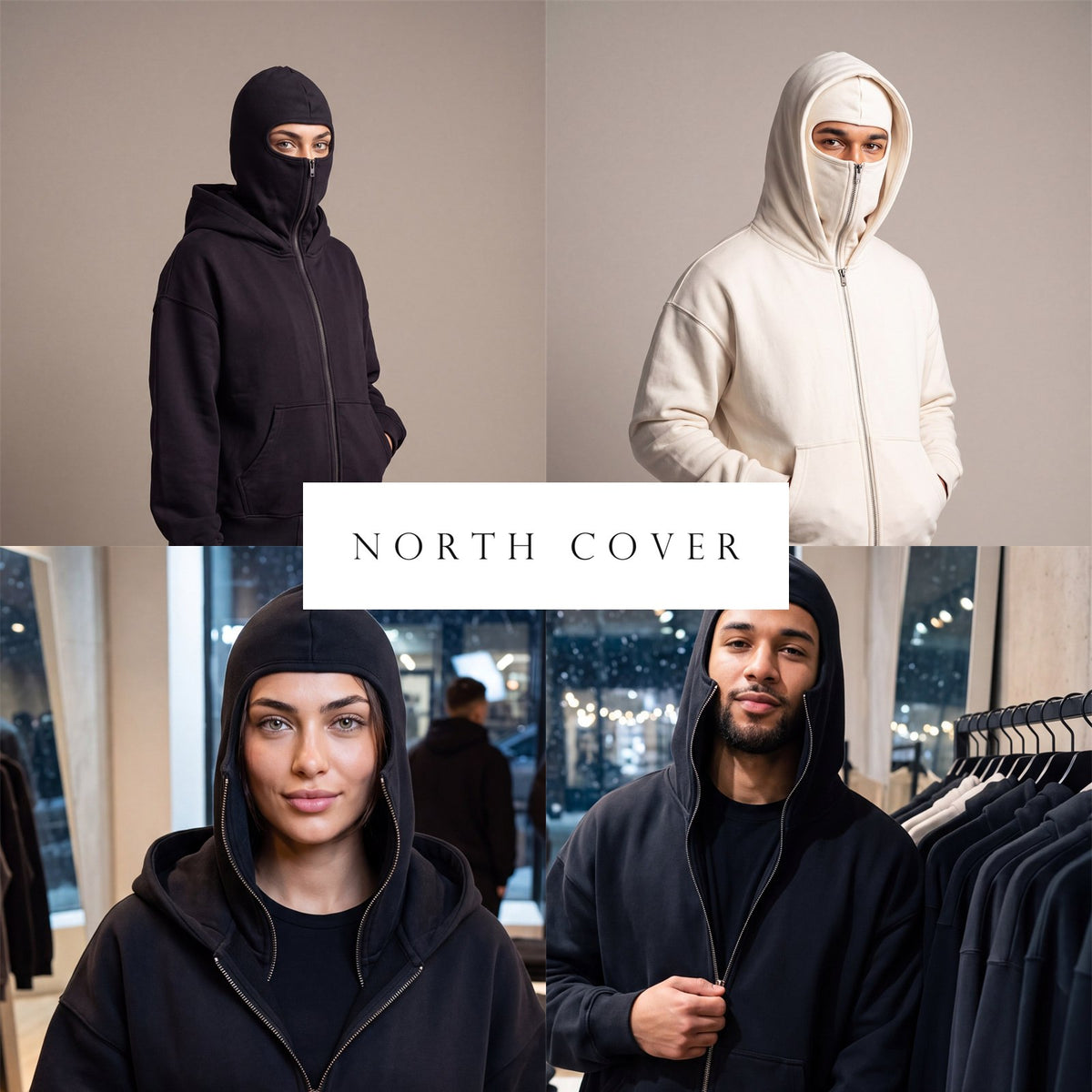 Four looks of the Cover Hoodie in black and white with the North Cover logo