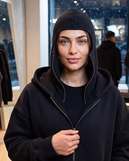 Woman in a clothing store wearing the Cover Hoodie with the hood up