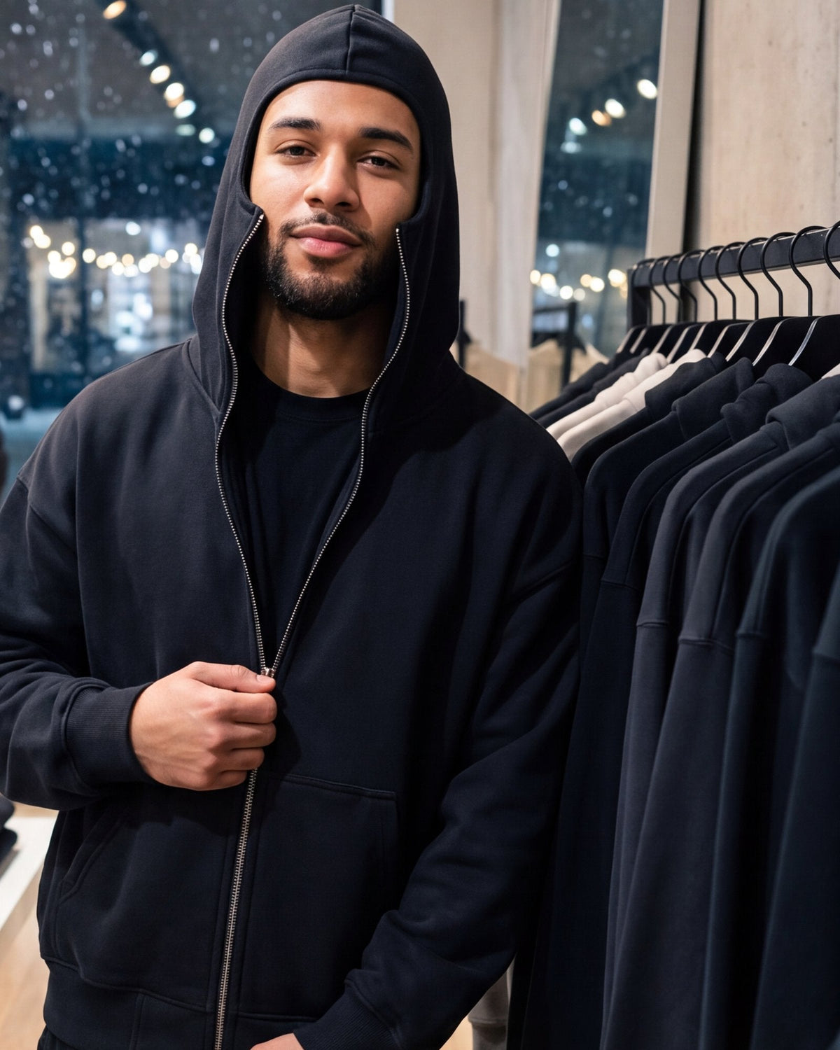 Man in a clothing store wearing the Cover Hoodie with the hood up
