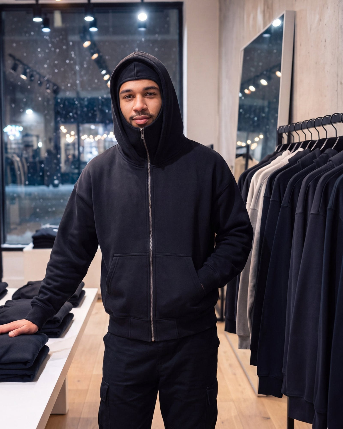 Man in a clothing store wearing the Cover Hoodie zipped to the chin