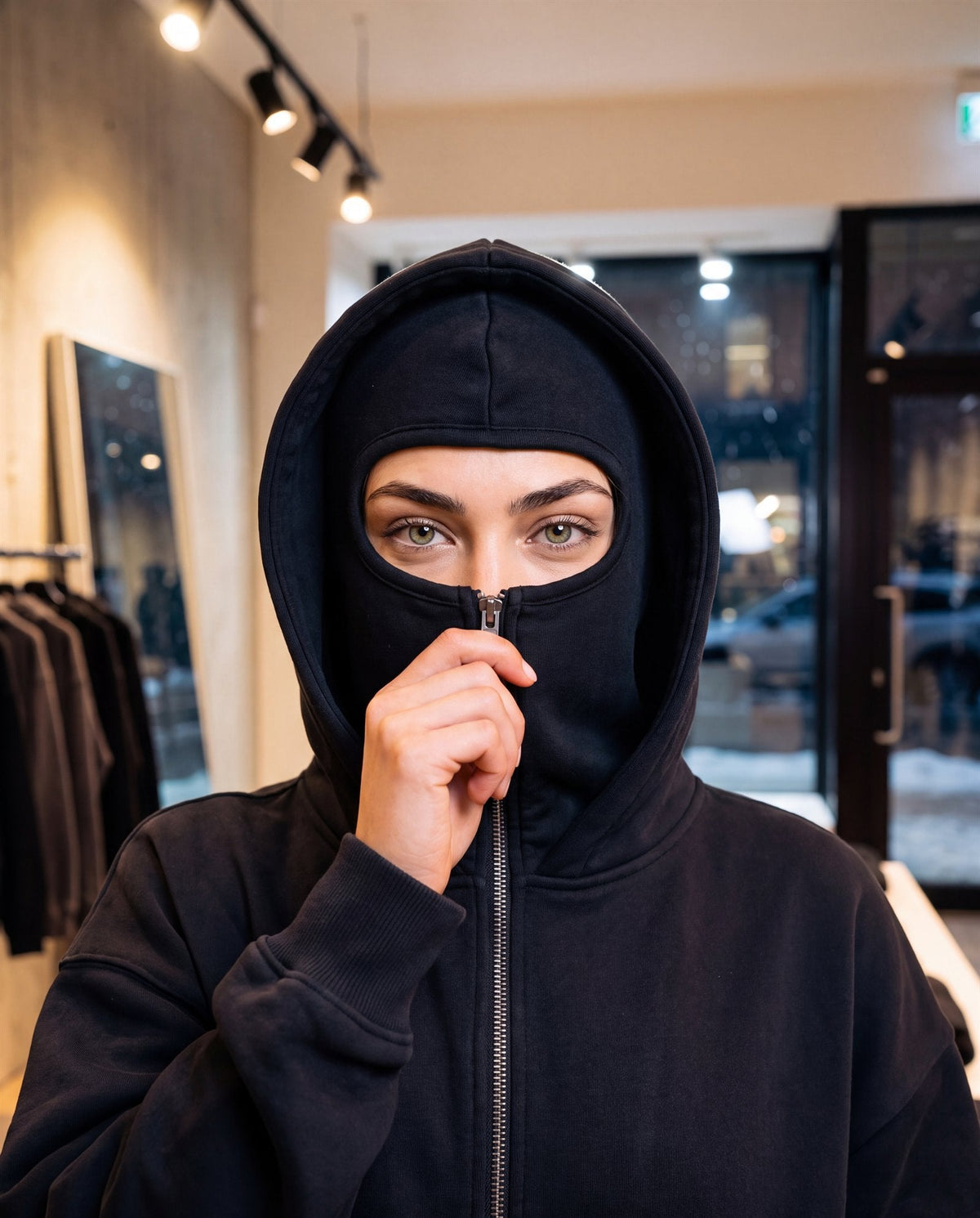 Close-up of the single zipper pulled up to just below the eyes